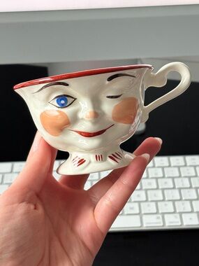 Winking Face Ceramic Creamer Pitcher in White and Coral